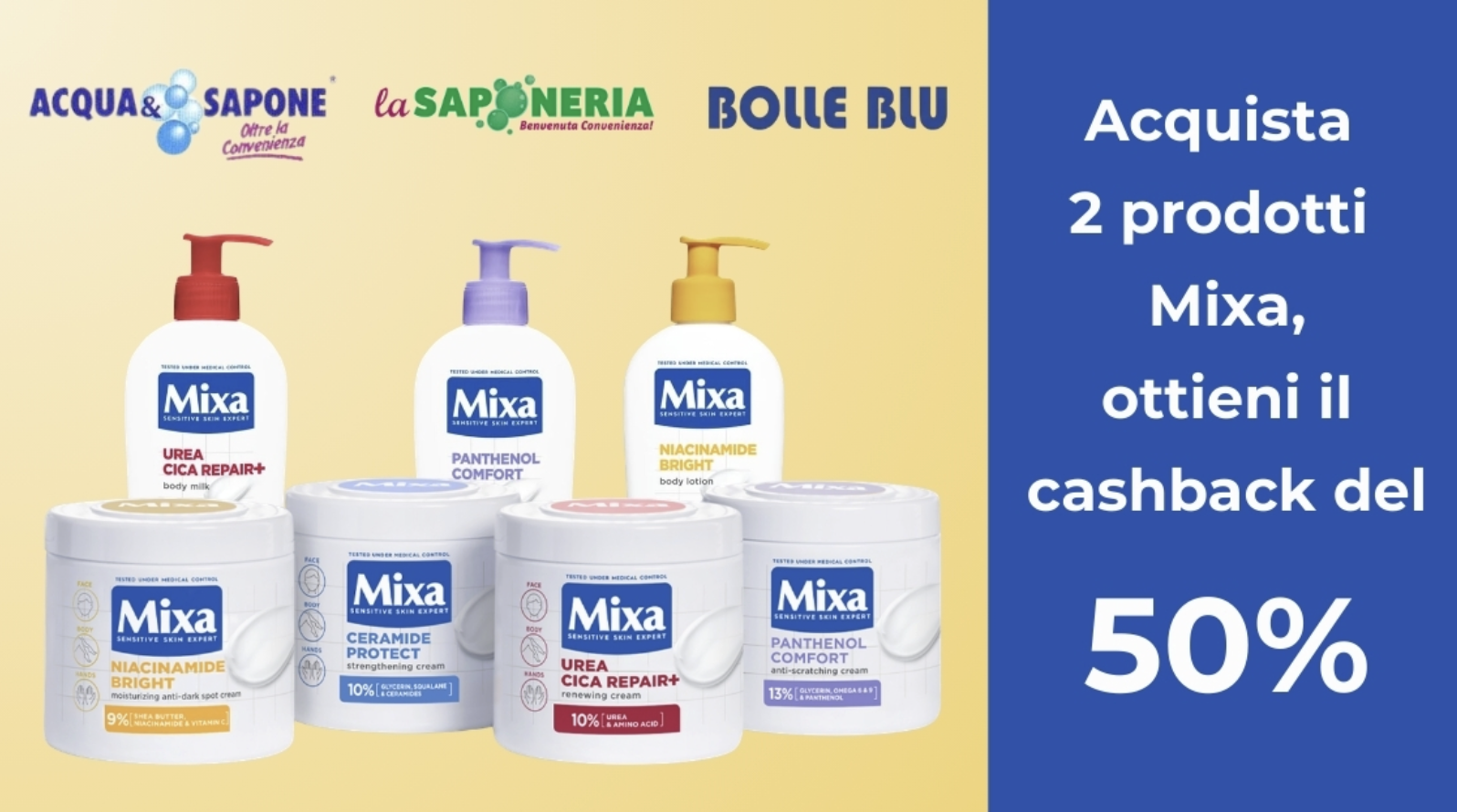 Acquista 2 prodotti Mixa, ottiene il cashback del 50% - Acqua & Sapone